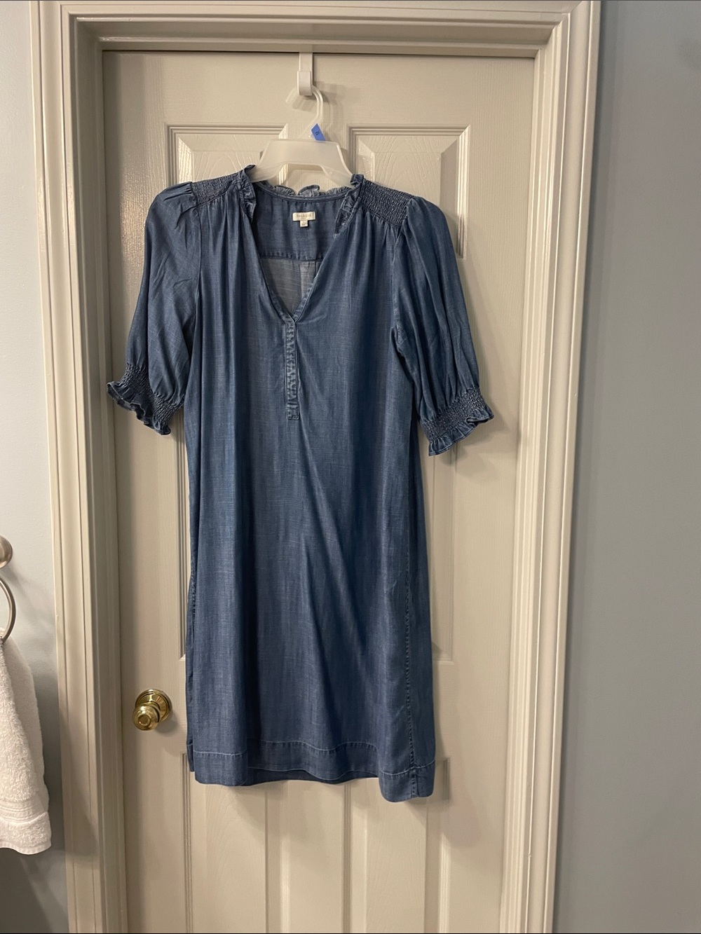 Talbots Light Blue Denim-Effect Midi Dress with Smocked Sleeves